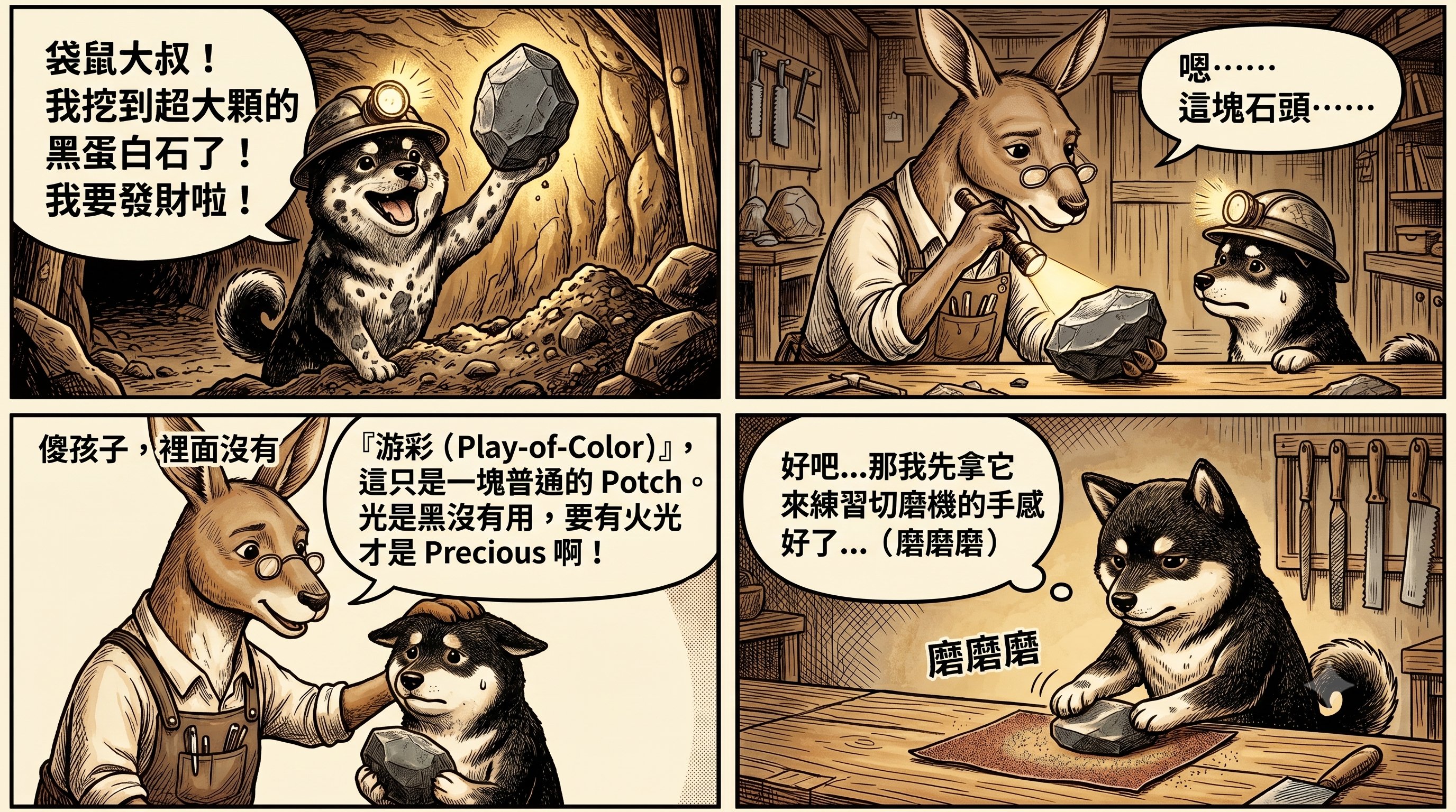 黑柴珠寶四格漫畫：袋鼠大叔與黑柴幼犬討論貴蛋白石與Potch的差異