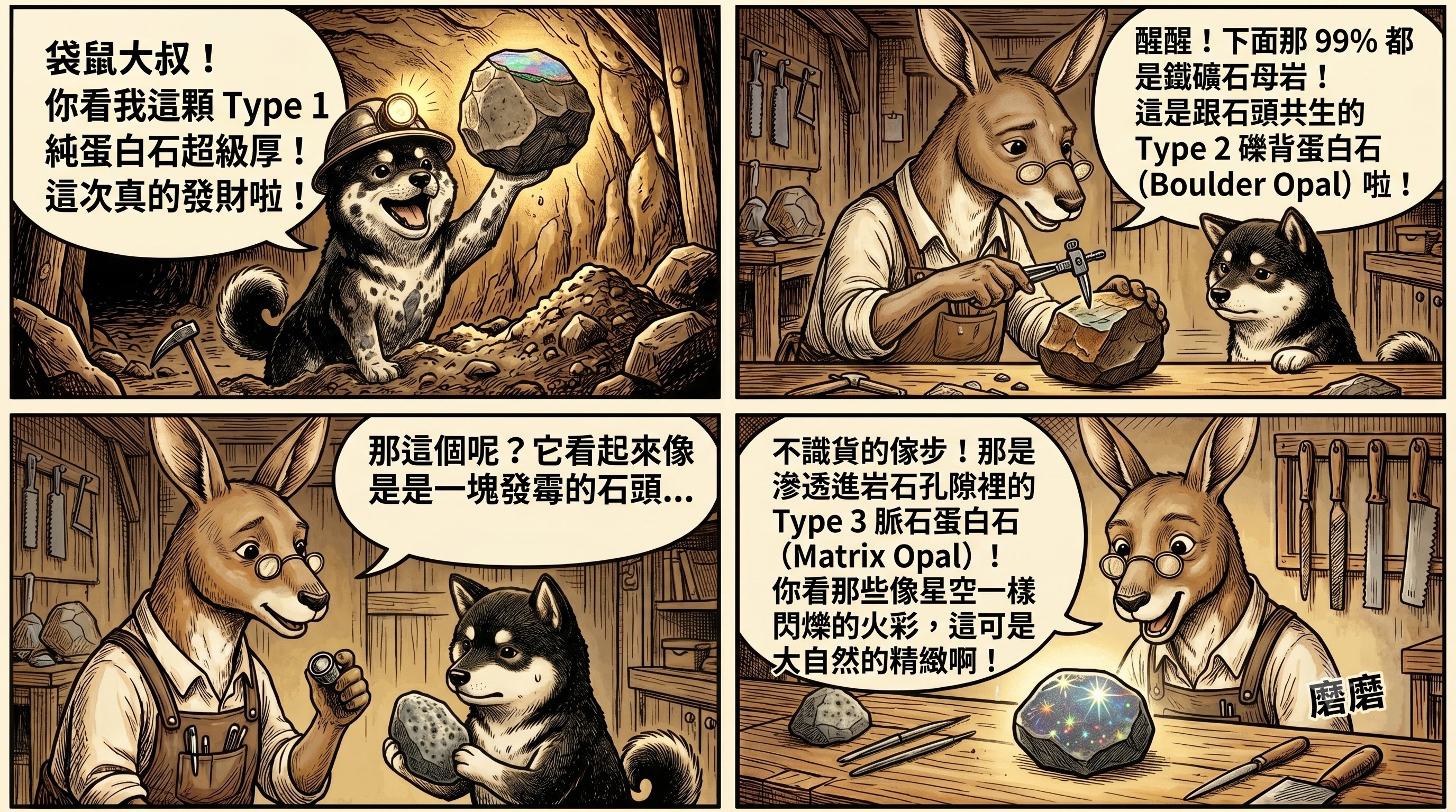 黑柴珠寶四格漫畫：袋鼠大叔與黑柴幼犬討論純蛋白石、礫背蛋白石與脈石蛋白石的差異