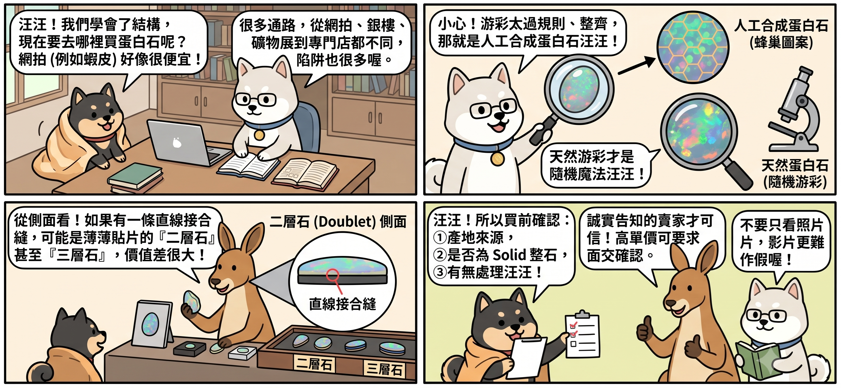 黑柴珠寶四格漫畫：黑柴、白柴教授與袋鼠大叔講解蛋白石哪裡買——辨識人工合成蛋白石的蜂巢圖案、二層石的直線接合縫，以及買前三大確認事項