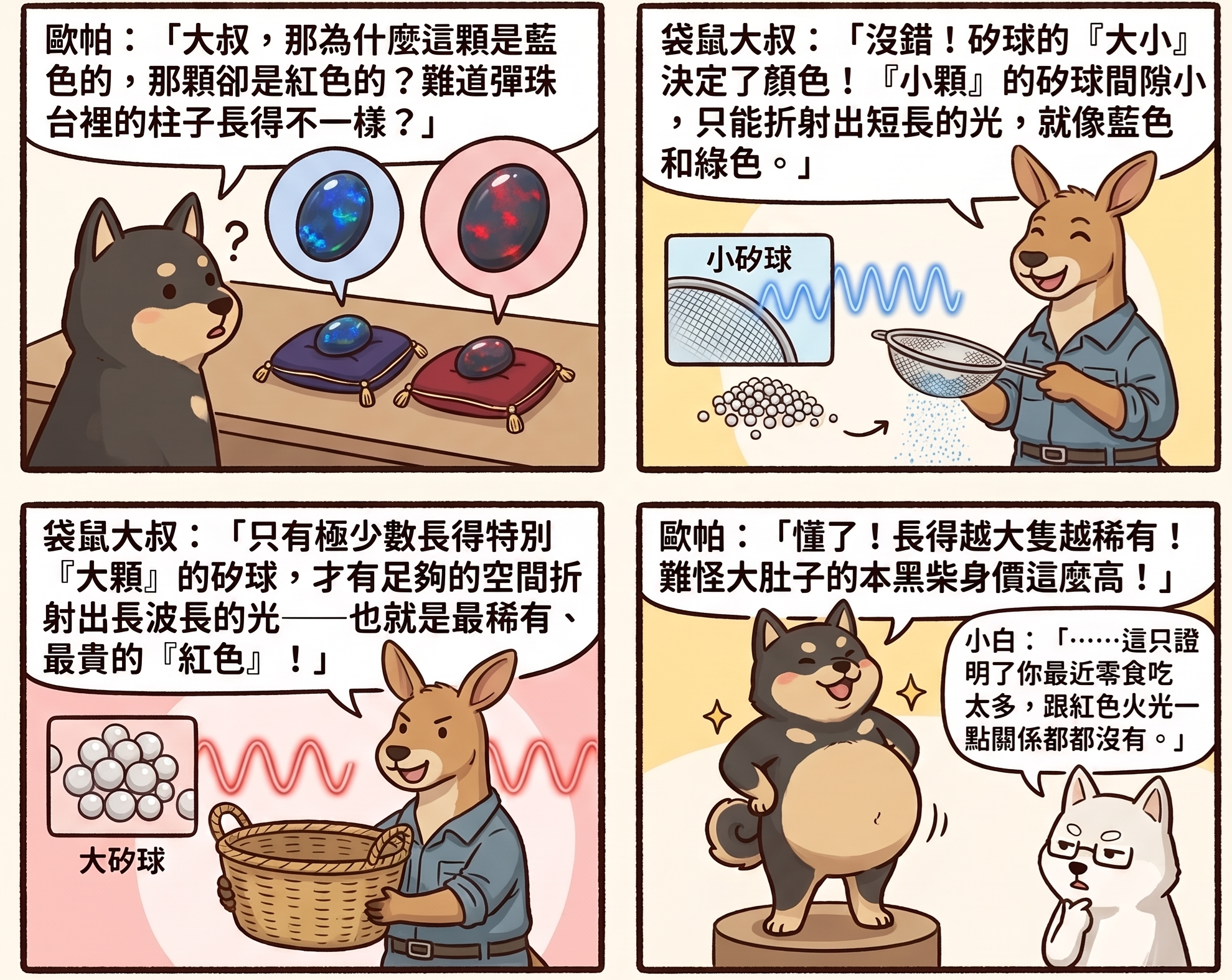 黑柴珠寶四格漫畫：袋鼠大叔用矽球大小解釋蛋白石游彩顏色的成因——小矽球折射短波長的藍綠光、罕見的大矽球才能折射出最稀有的紅色火光